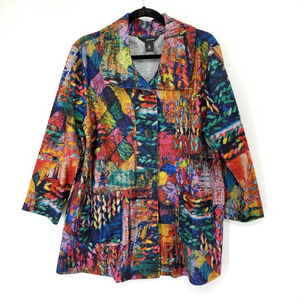 Ali Miles Jacket Womens XL Multicolor Abstract Print Textured Knit Button Front
